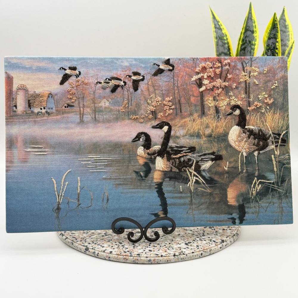 Vintage Canadian Geese Embroidered Canvas Farmhouse Landscape Wall Art 20x12